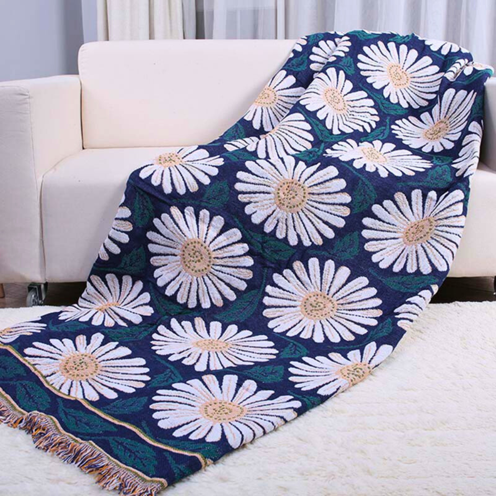 Boho-Baumwolldecke mit Chrysanthemen und Quasten