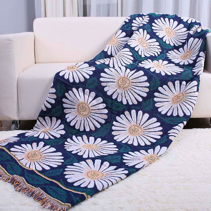 Boho-Baumwolldecke mit Chrysanthemen und Quasten