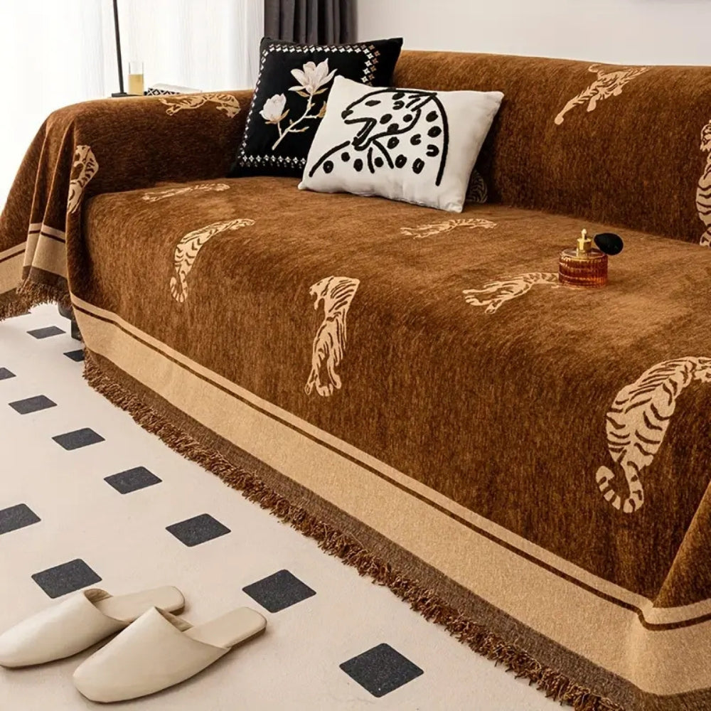 Chenille-Sofawurf mit Tigermuster, wendbar