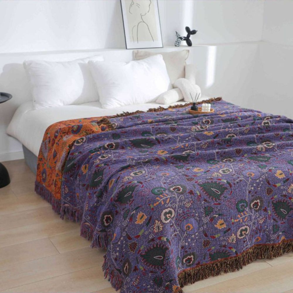 Baumwoll-Musselin-Decke mit Pfauenmuster und Quasten