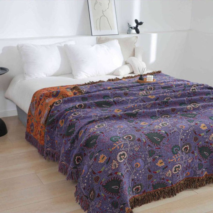 Baumwoll-Musselin-Decke mit Pfauenmuster und Quasten