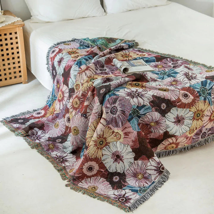 Vintage-gewebte Decke mit Blumenmuster und Quasten 130 x 180 cm