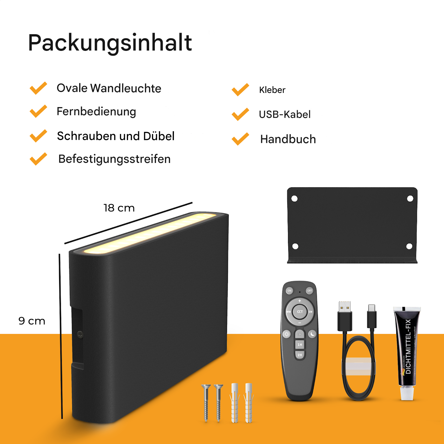 Kabellose LED Wandleuchte Innen – Dimmbar – Mit Fernbedienung – USB Aufladbar – 2700K Warmweiß – Schwarz Aluminium