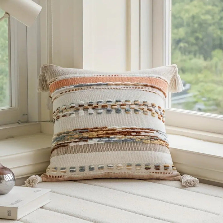 Boho-Kissenhülle mit Streifen, Wende-Design und Quasten