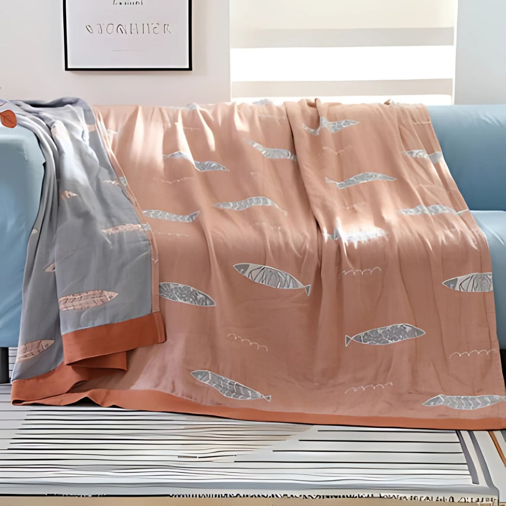 Wendbare Jacquard-Baumwolldecke mit Fischmuster