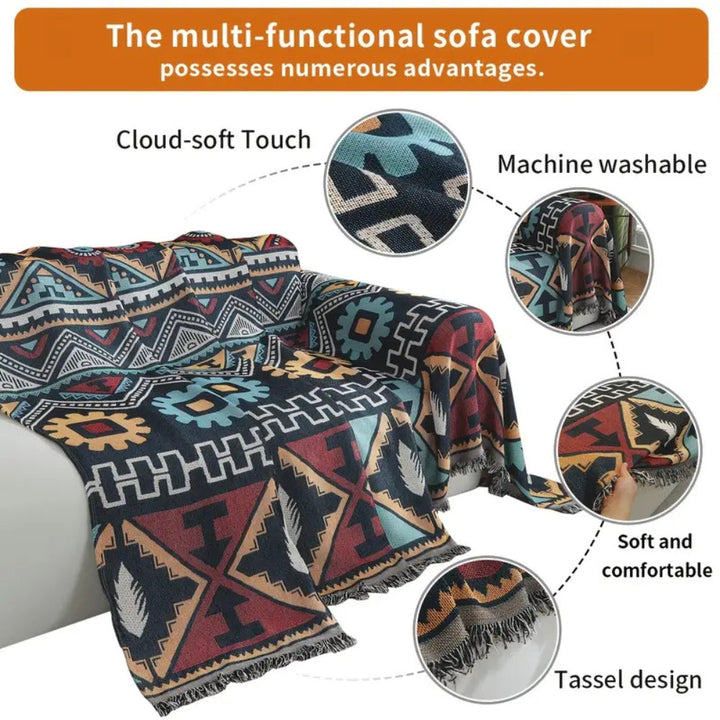 Sofaüberwurf mit Aztekenmuster und Quasten