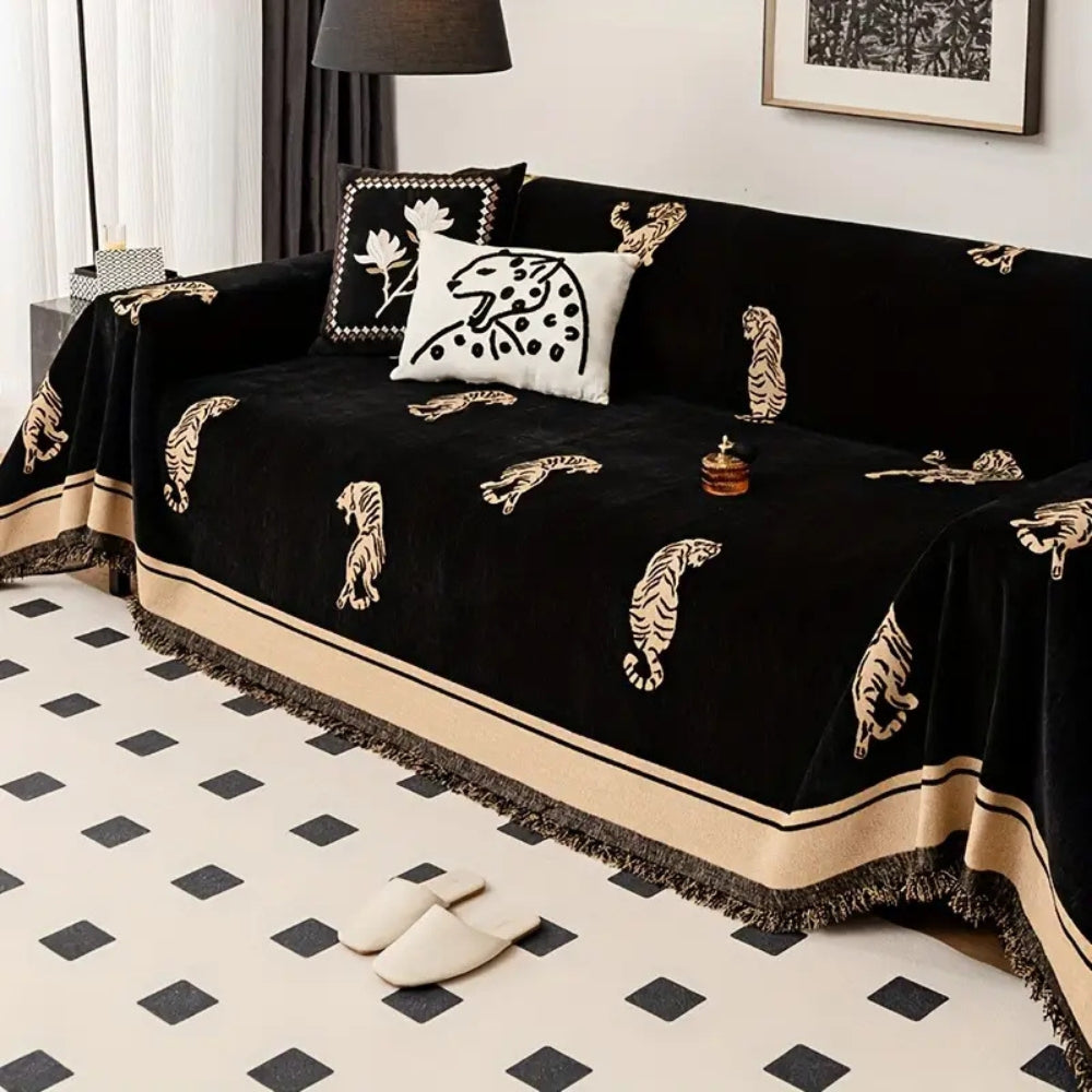 Chenille-Sofawurf mit Tigermuster, wendbar