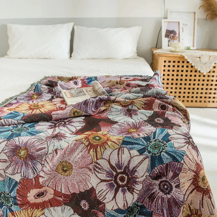Vintage-gewebte Decke mit Blumenmuster und Quasten 130 x 180 cm