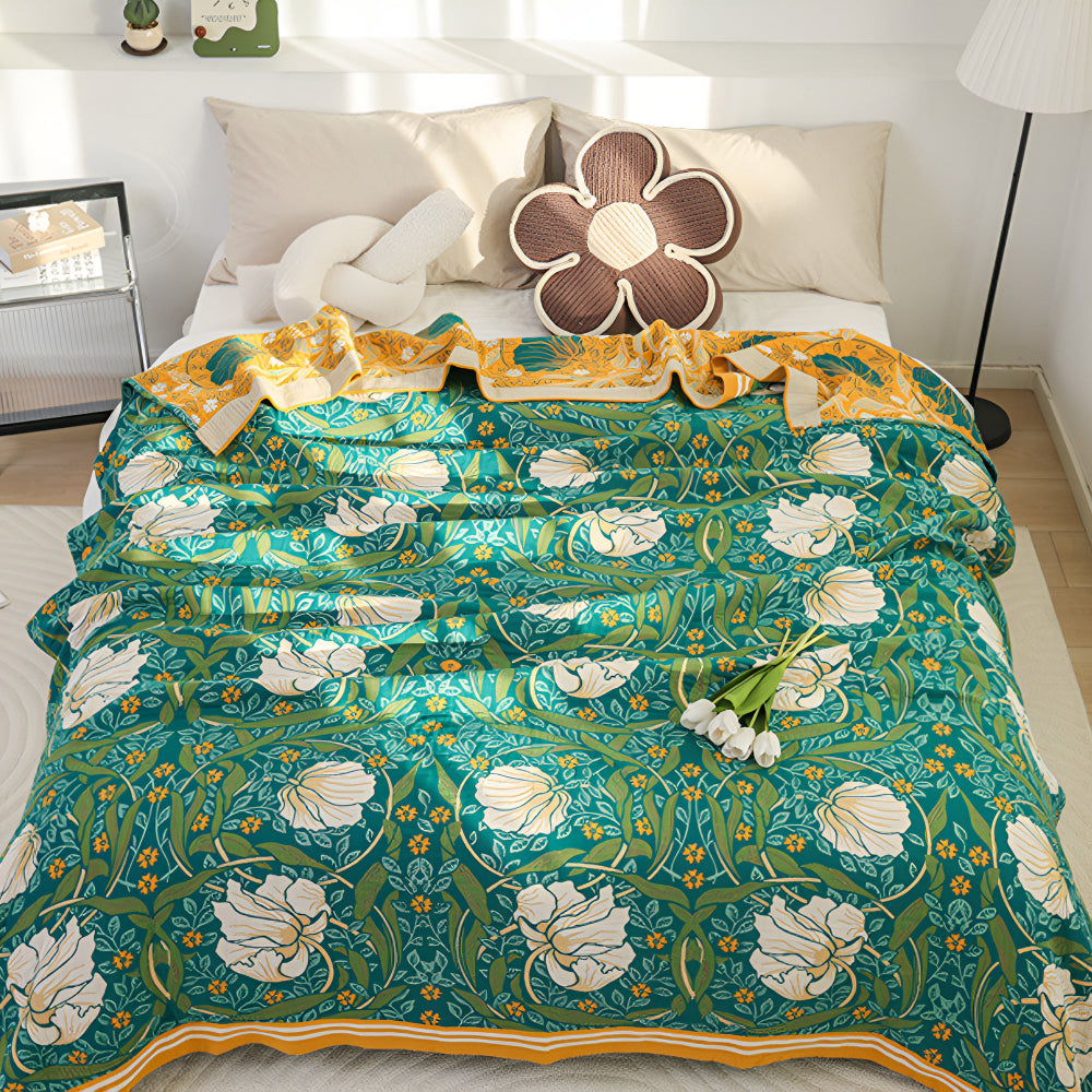 Baumwoll-Musselin-Tagesdecke mit grünen Blumen 200 x 230 cm