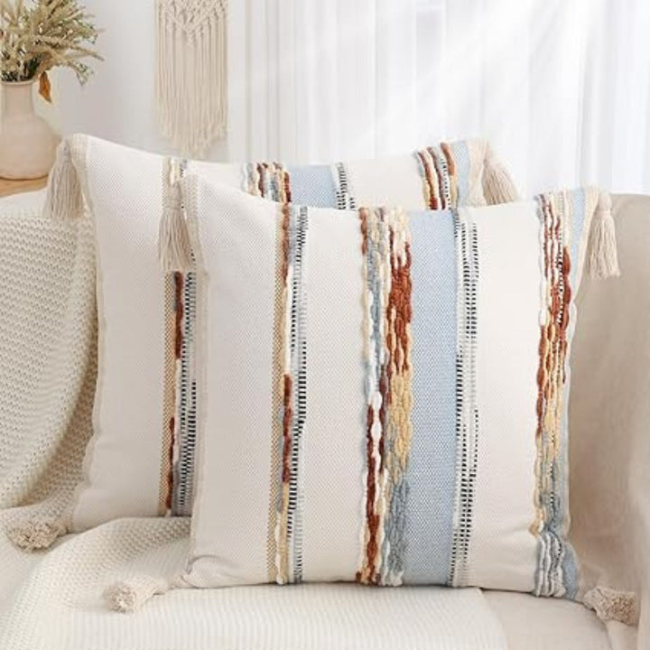 Boho-Kissenhülle mit Streifen, Wende-Design und Quasten