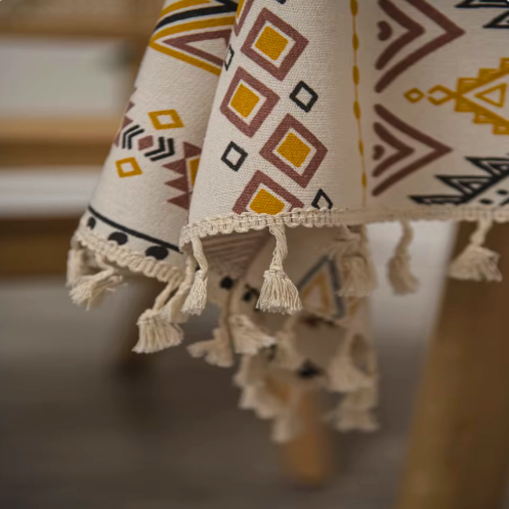 Boho-Tischdecke aus Baumwoll-Leinen-Mischgewebe mit Quasten