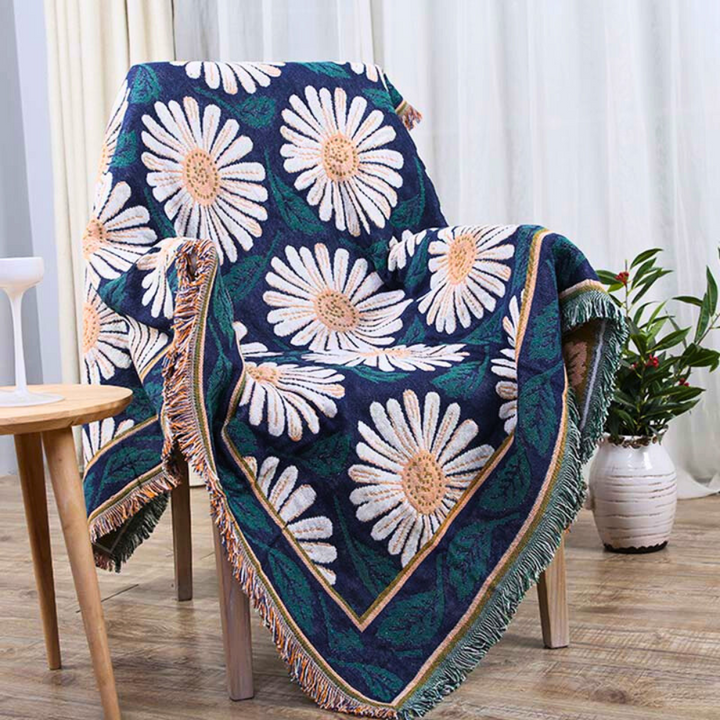 Boho-Baumwolldecke mit Chrysanthemen und Quasten