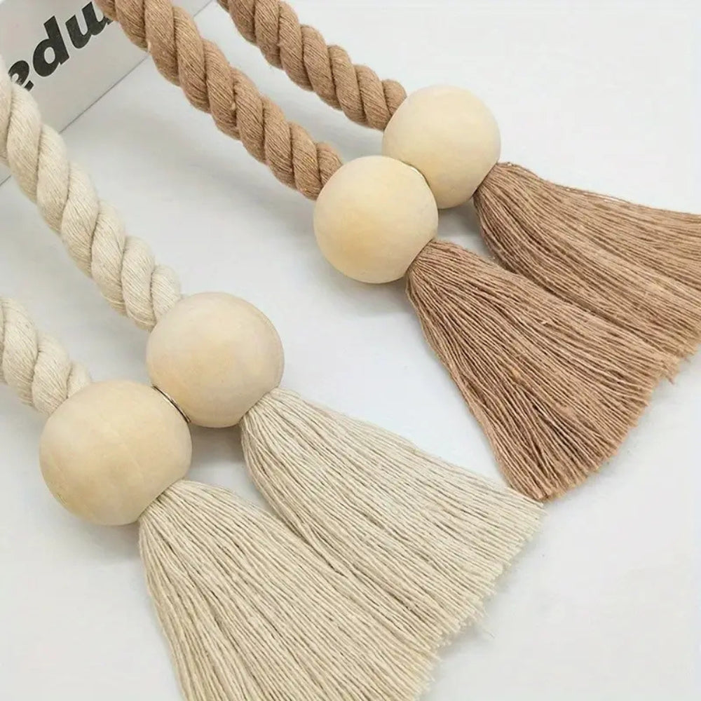 Gardinenraffhalter mit Holzperlen und Quaste, 2er-Set