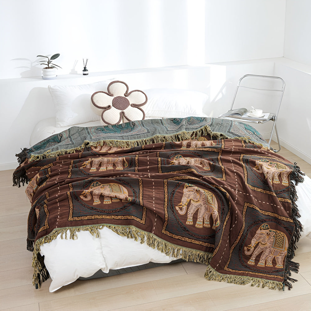 Baumwoll-Musselin-Decke mit Elefanten und Quasten