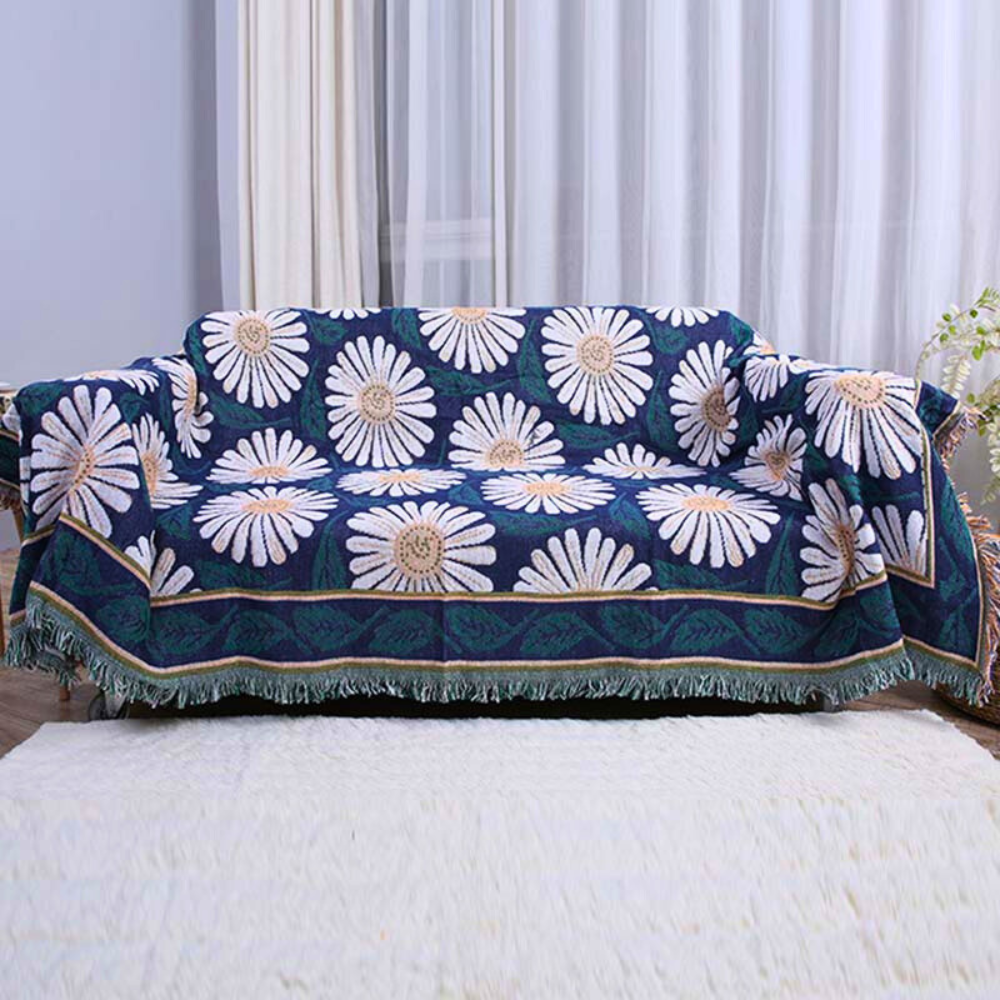 Boho-Baumwolldecke mit Chrysanthemen und Quasten