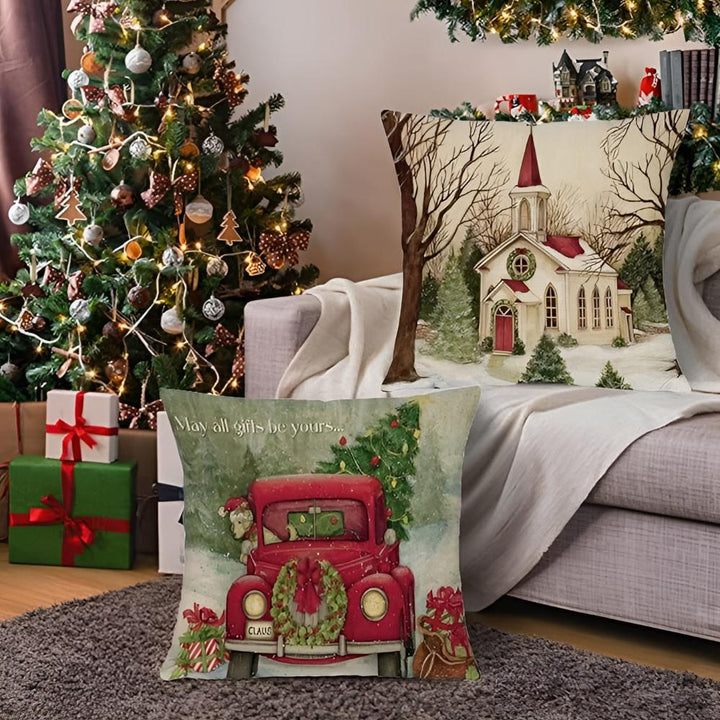 Weihnachtliche Kissenhülle aus Polyester und Leinen