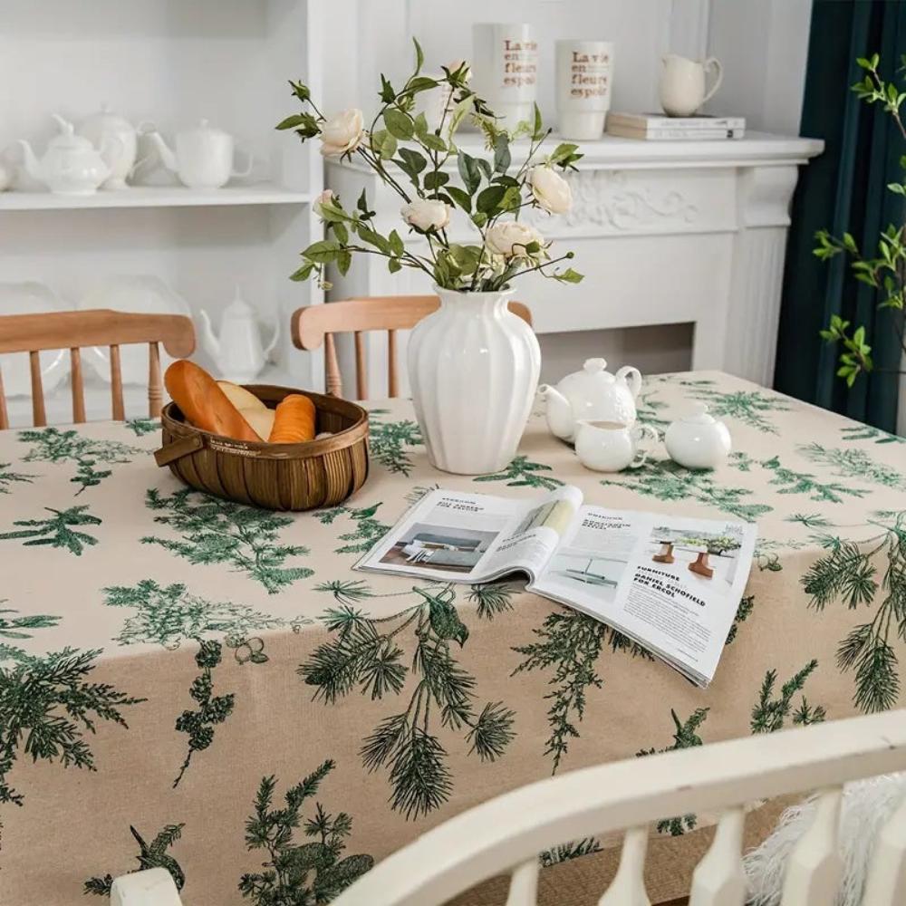Baumwoll-Leinen-Tischdecke mit Kiefern und Vögeln