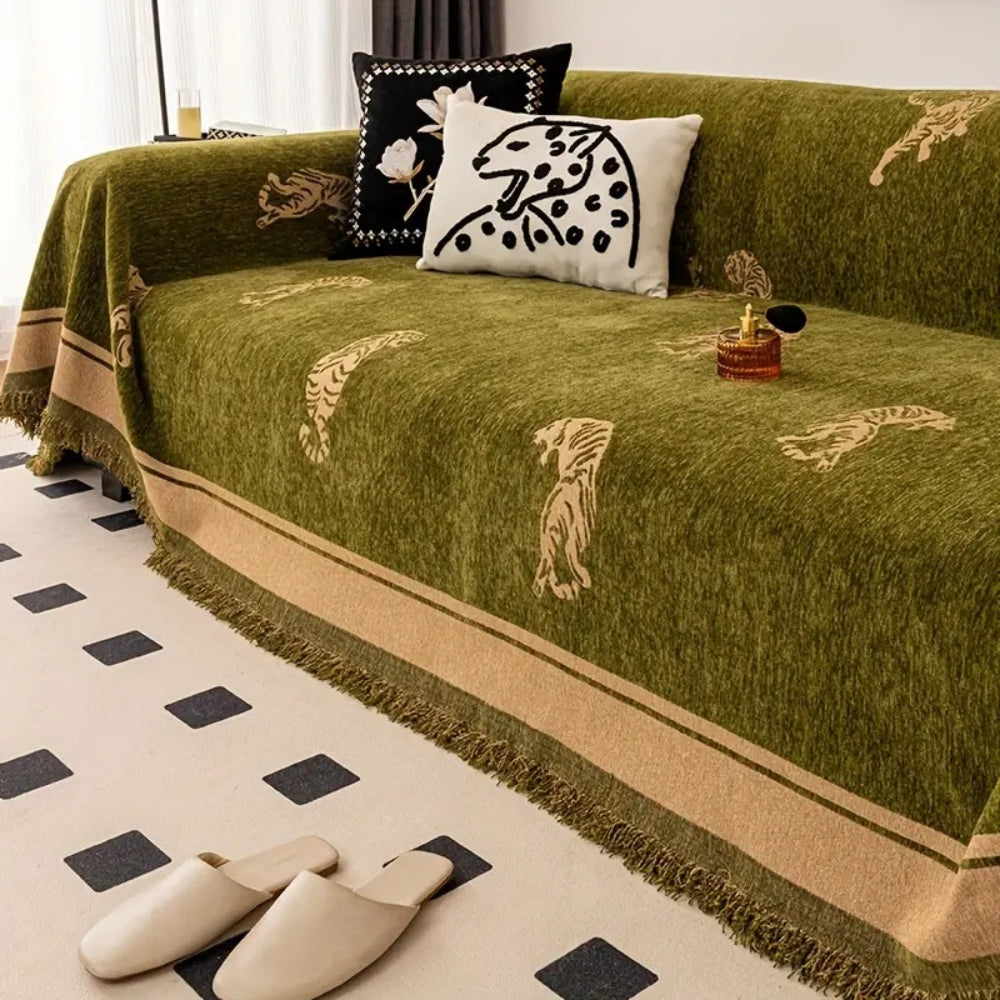 Chenille-Sofawurf mit Tigermuster, wendbar