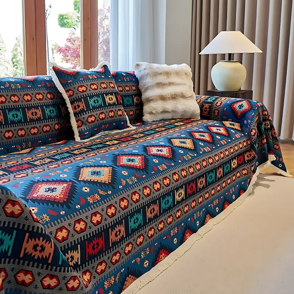 Boho-geometrische Sofadecke aus Baumwoll-Leinen-Mischgewebe