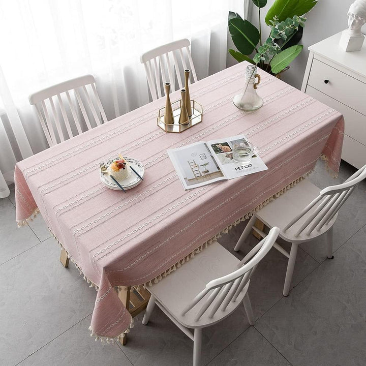 Baumwoll-Leinen-Tischdecke mit bestickten Streifen