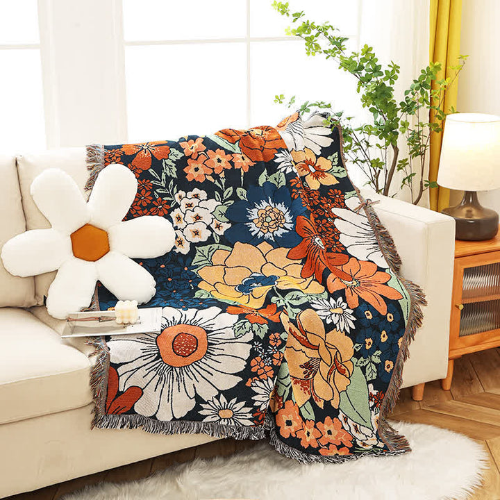 Sofadecke aus Baumwolle mit Blumenmuster und Quasten