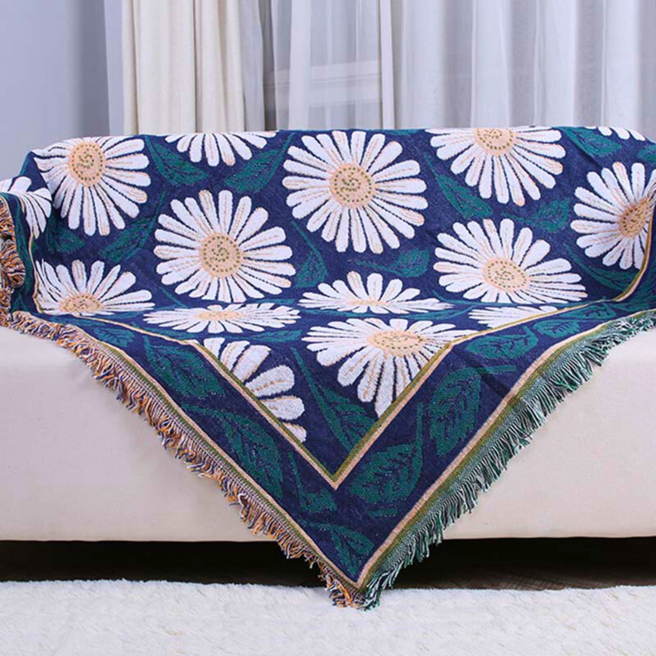 Boho-Baumwolldecke mit Chrysanthemen und Quasten