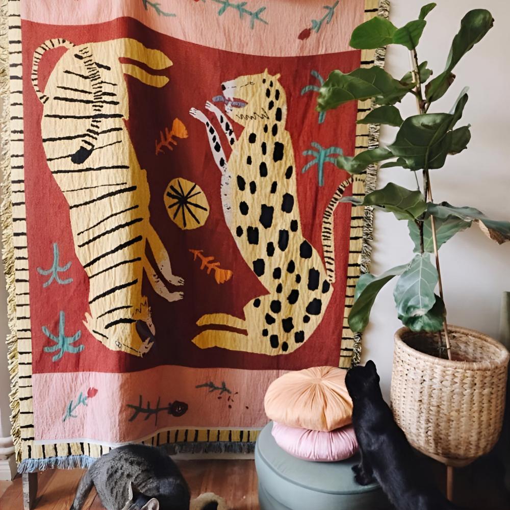 Wendbare Leopardendecke mit Quasten 130 x 160 cm