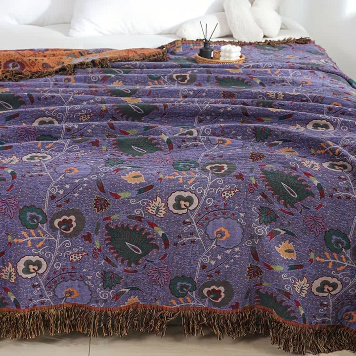 Baumwoll-Musselin-Decke mit Pfauenmuster und Quasten