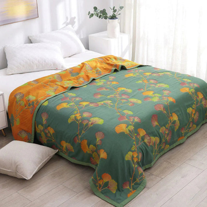 Wendbare Jacquard-Tagesdecke mit Ginkgo-Muster, mit oder ohne Kissenbezüge