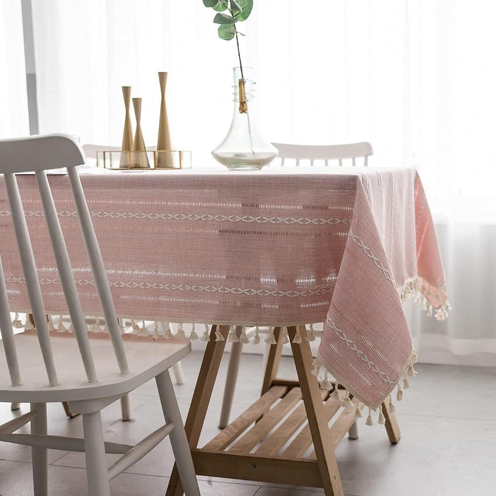 Baumwoll-Leinen-Tischdecke mit bestickten Streifen