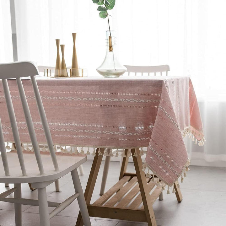 Baumwoll-Leinen-Tischdecke mit bestickten Streifen