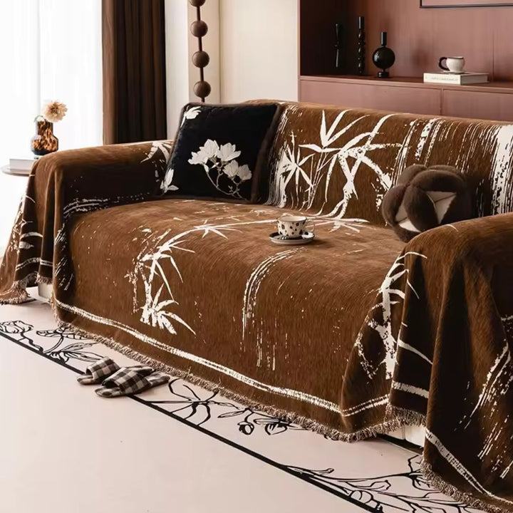 Sofadecke aus Chenille mit Bambusmotiv und Fransen