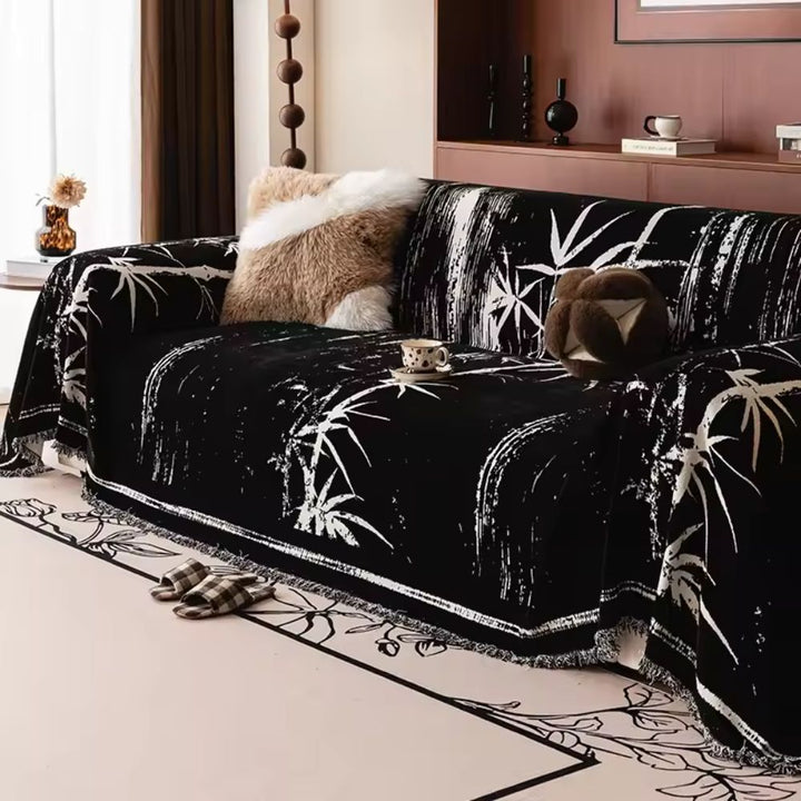 Sofadecke aus Chenille mit Bambusmotiv und Fransen