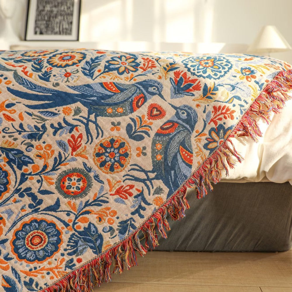 Tagesdecke aus Baumwolle mit Vogel- und Blumenmuster