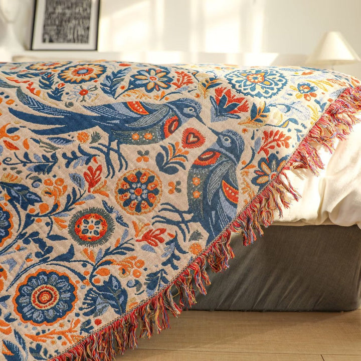 Tagesdecke aus Baumwolle mit Vogel- und Blumenmuster