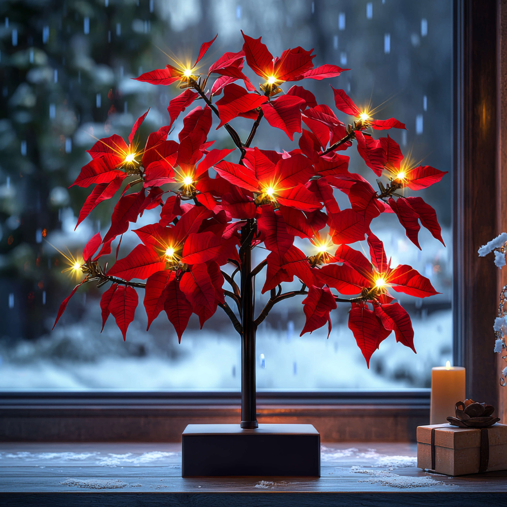 LED Weihnachtsstern Deko Lampe – Beleuchteter Poinsettia Deko-Baum für Weihnachten | Warmweißes Licht als Tischlampe & Weihnachtsdeko