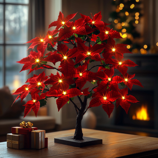 LED Weihnachtsstern Deko Lampe – Beleuchteter Poinsettia Deko-Baum für Weihnachten | Warmweißes Licht als Tischlampe & Weihnachtsdeko