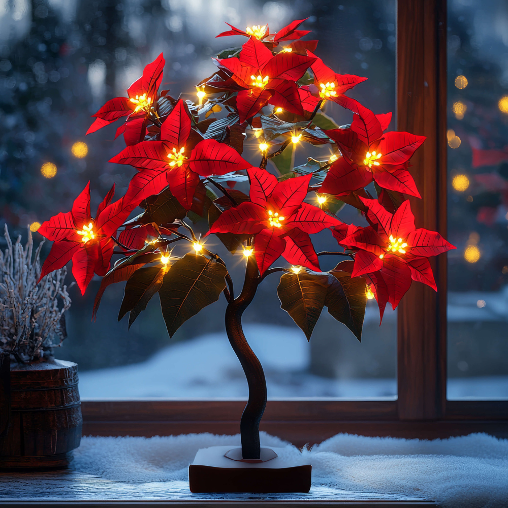 LED Weihnachtsstern Deko Lampe – Beleuchteter Poinsettia Deko-Baum für Weihnachten | Warmweißes Licht als Tischlampe & Weihnachtsdeko