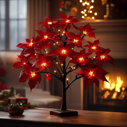 LED Weihnachtsstern Deko Lampe – Beleuchteter Poinsettia Deko-Baum für Weihnachten | Warmweißes Licht als Tischlampe & Weihnachtsdeko