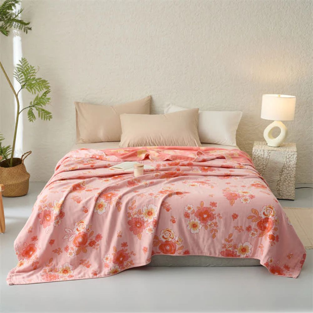 Baumwoll-Musselin-Decke mit rosafarbenem Blumenmuster