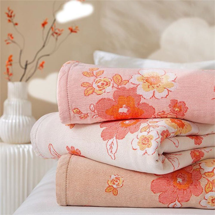 Baumwoll-Musselin-Decke mit rosafarbenem Blumenmuster