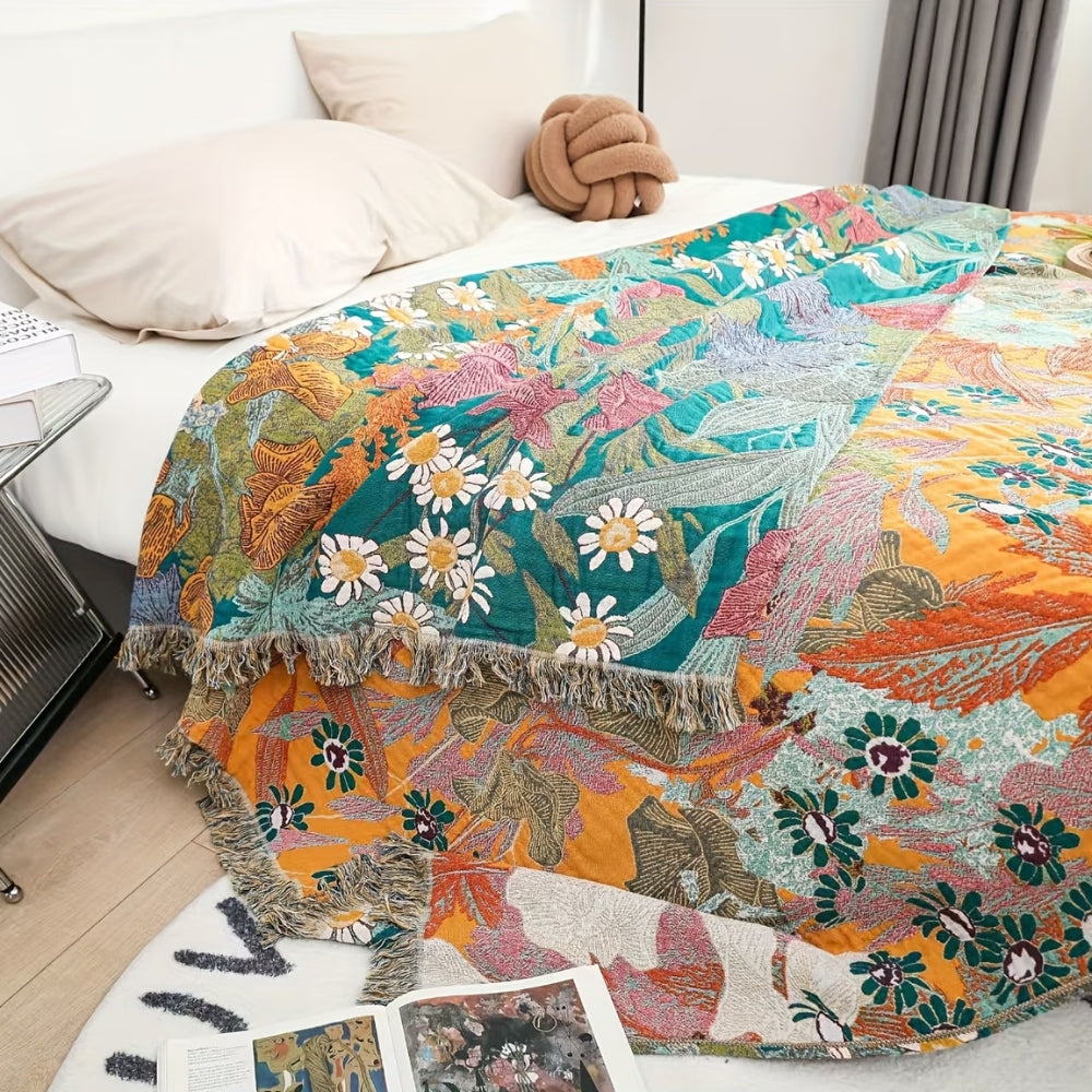 Boho-Tagesdecke aus Baumwolle im Patchworkstil mit Fransen