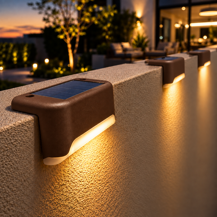 Braune Solarleuchte mit warmweißem Licht auf einer Terrassenmauer