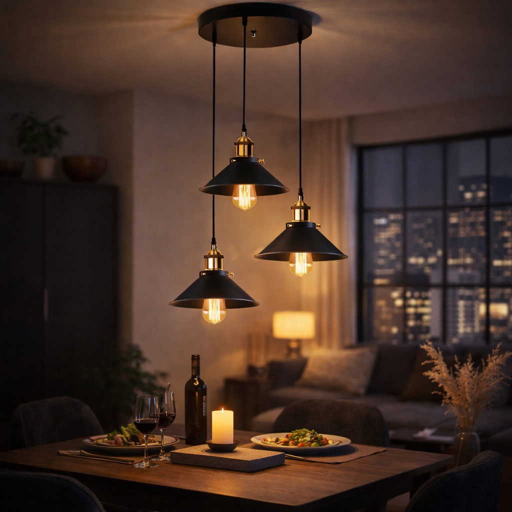 Vintage Pendelleuchte 3-flammig Schwarz – E27 Hängelampe aus Metall, Industrial Deckenleuchte für Küche & Esszimmer