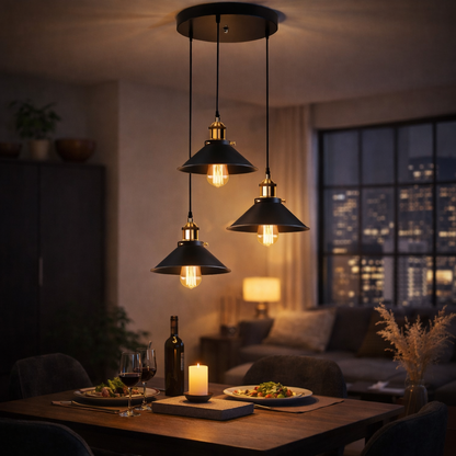 Vintage Pendelleuchte 3-flammig Schwarz – E27 Hängelampe aus Metall, Industrial Deckenleuchte für Küche & Esszimmer
