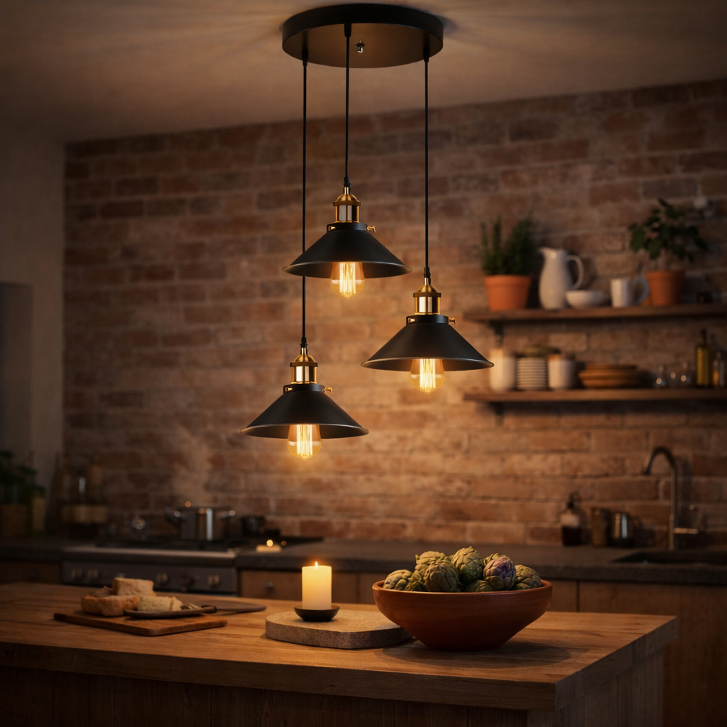 Vintage Pendelleuchte 3-flammig Schwarz – E27 Hängelampe aus Metall, Industrial Deckenleuchte für Küche & Esszimmer