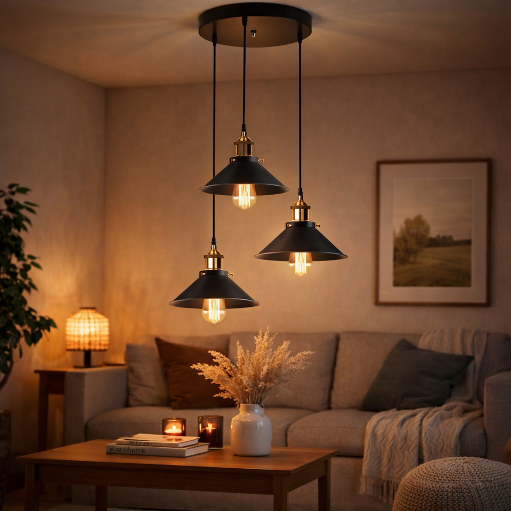 Vintage Pendelleuchte 3-flammig Schwarz – E27 Hängelampe aus Metall, Industrial Deckenleuchte für Küche & Esszimmer