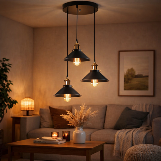 Vintage Pendelleuchte 3-flammig Schwarz – E27 Hängelampe aus Metall, Industrial Deckenleuchte für Küche & Esszimmer