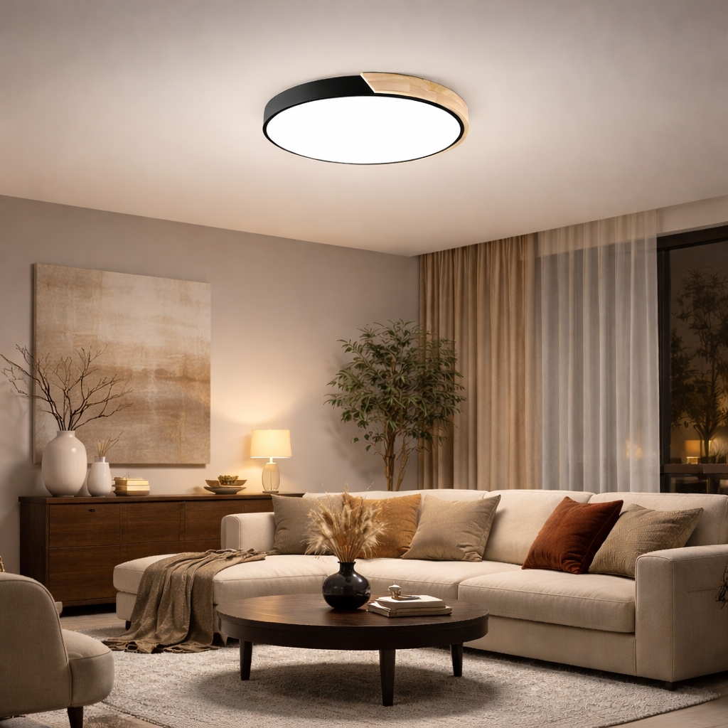 Nordische LED Deckenleuchte Holz Rund – Moderne Schlafzimmer & Wohnzimmer Lampe – 16W / 24W, Warm- oder Weißlicht