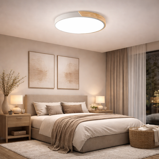 Nordische LED Deckenleuchte Holz Rund – Moderne Schlafzimmer & Wohnzimmer Lampe – 16W / 24W, Warm- oder Weißlicht